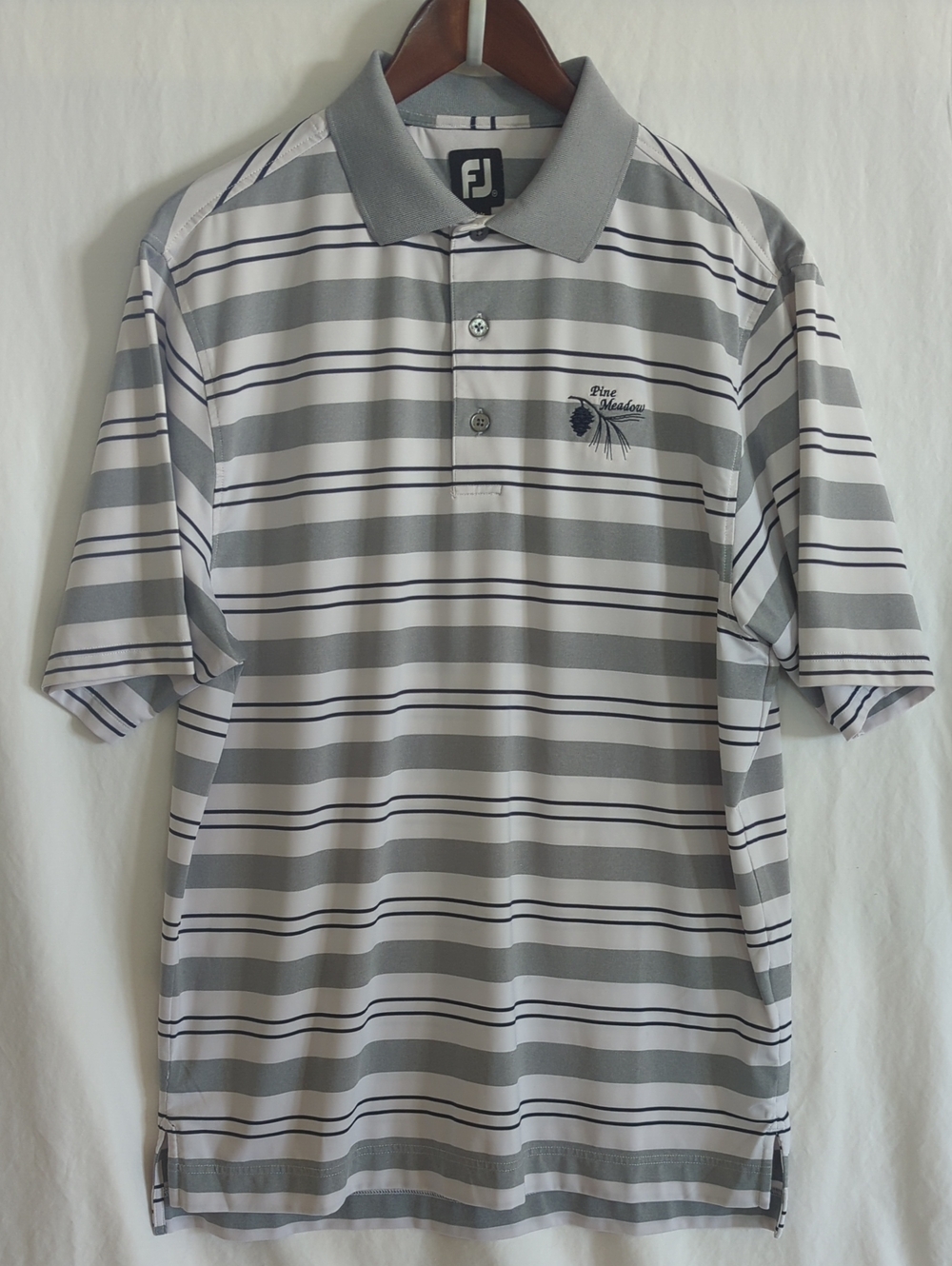 FootJoy FJ Performance Golf Polo Men M Gray Navy White Stripe FJ Back Logo